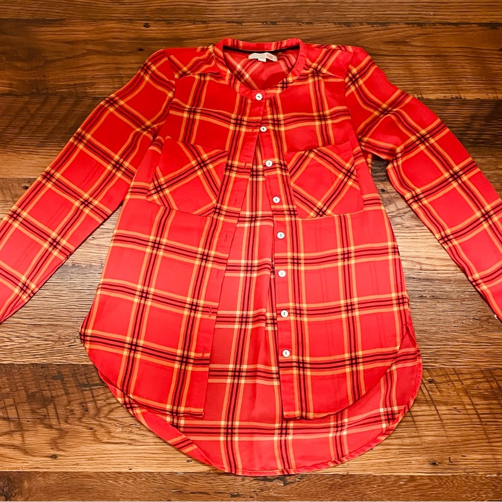 Gianni Bini Women’s Xtra-Small, Red/Yellow Plaid, Button Down, Long Sleeve Top